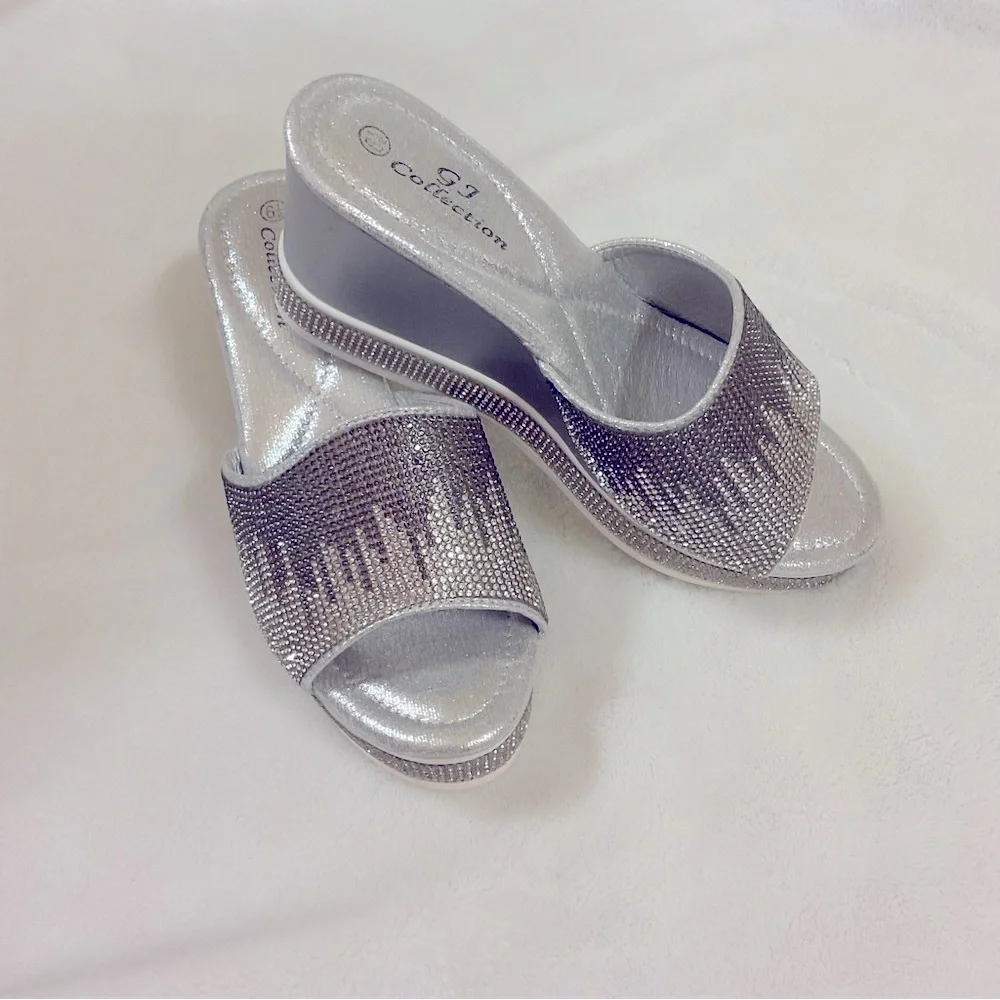 GJ Collection Silver Rhinestone Wedge Sandals Size 6.5 NWOT